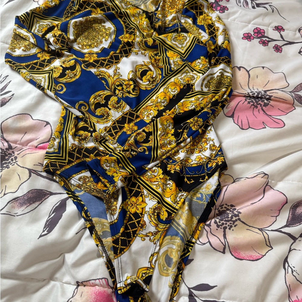 Elegant Blue and Gold Baroque Bodysuit